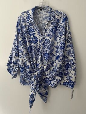 NEW Calessa Blue Floral Roll Tab Button Up Tie Top Blouse 3X Hippie Bohemian